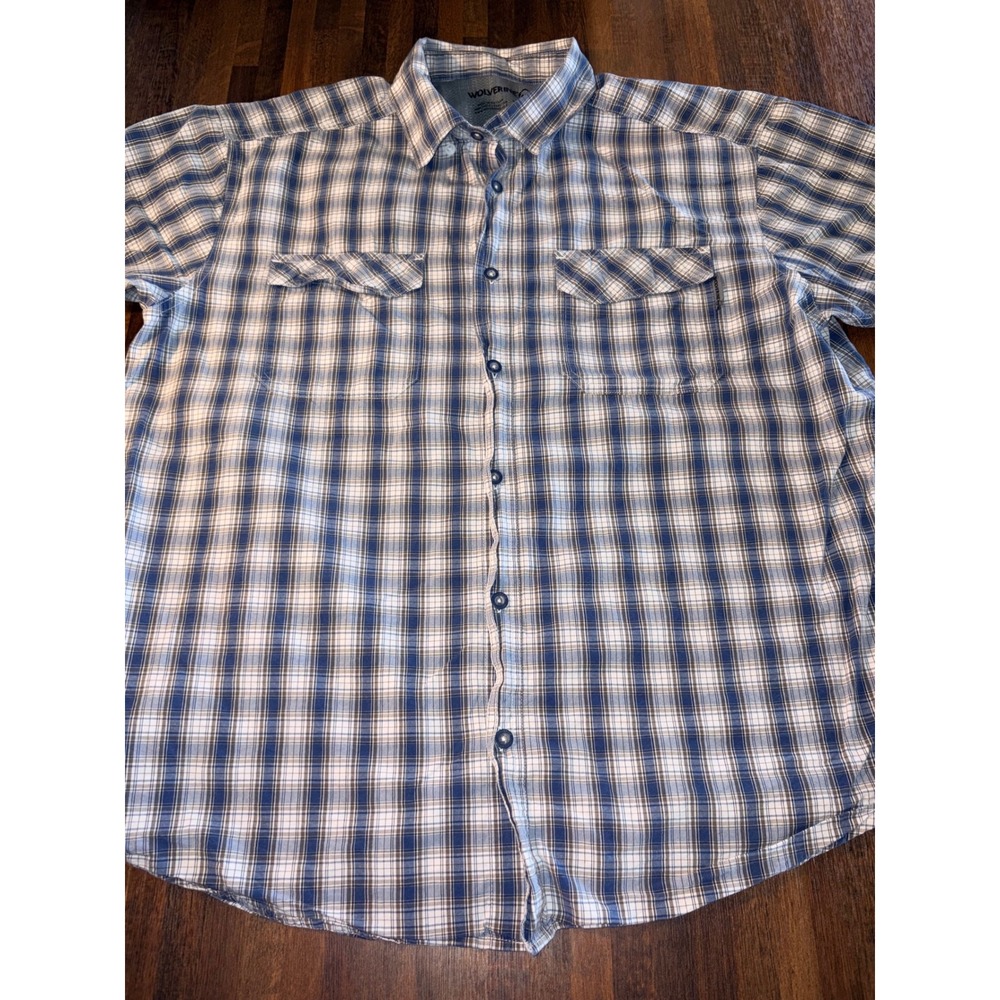 Wolverine Mens XL Blue White Plaid Short Sleeve Button Down Shirt Mesh Yoke‎